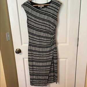 LOFT Black and White Ruched Asymmetrical Sheath Dress